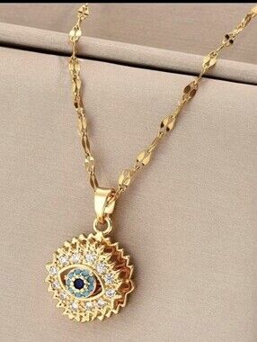 Gold Tone Evil Eye Pendant Necklace | Boho Protection Charm Jewelry